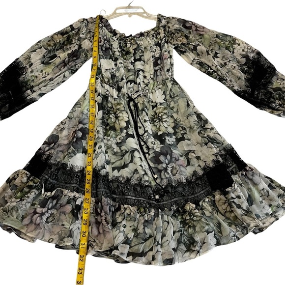 NICHOLAS Silk Evergreen Floral Dress Off the Shoulder Bell Sleeves Whimsigoth - Picture 8 of 16